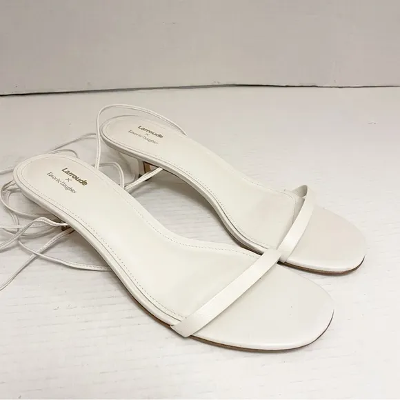 Larroude x Favorite Daughter Lace Up Strappy Leather Sandal Heels in Ivory