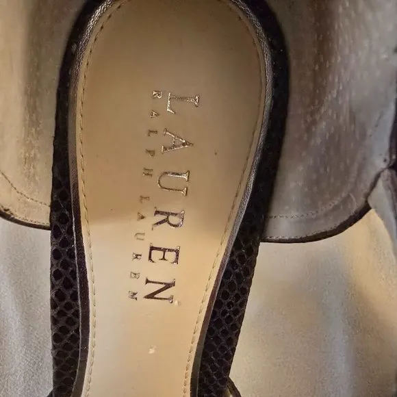 LAUREN RALPH LAUREN SOPHIE PUMPS SNAKE PRINT LEATHER BROWN SIZE 8B 4&quot;HEELS