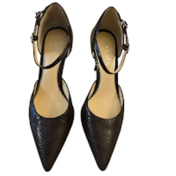 LAUREN RALPH LAUREN SOPHIE PUMPS SNAKE PRINT LEATHER BROWN SIZE 8B 4&quot;HEELS