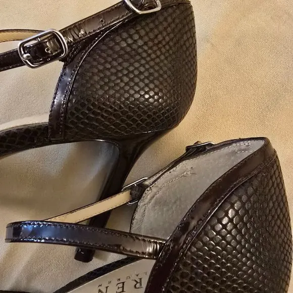 LAUREN RALPH LAUREN SOPHIE PUMPS SNAKE PRINT LEATHER BROWN SIZE 8B 4&quot;HEELS