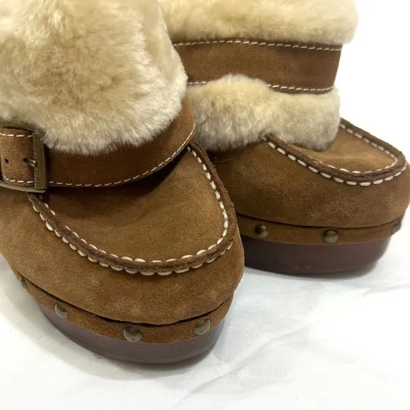 Lauren Ralph Lauren Wooden Suede Heeled Clogs Wool Shearling Y2K Size 8