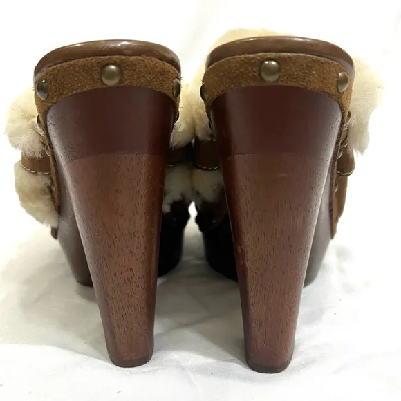 Lauren Ralph Lauren Wooden Suede Heeled Clogs Wool Shearling Y2K Size 8