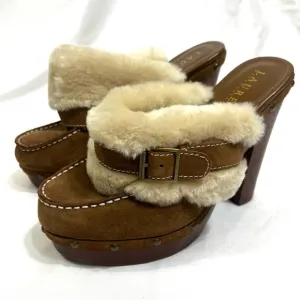 Lauren Ralph Lauren Wooden Suede Heeled Clogs Wool Shearling Y2K Size 8
