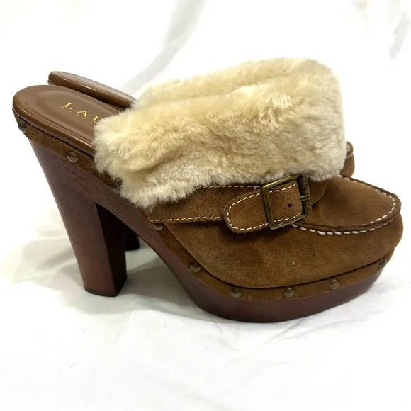 Lauren Ralph Lauren Wooden Suede Heeled Clogs Wool Shearling Y2K Size 8
