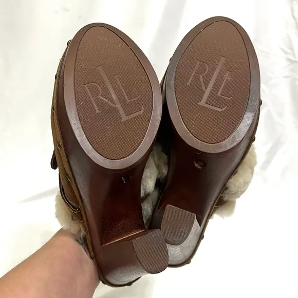 Lauren Ralph Lauren Wooden Suede Heeled Clogs Wool Shearling Y2K Size 8