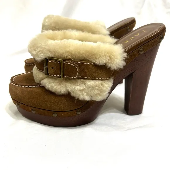 Lauren Ralph Lauren Wooden Suede Heeled Clogs Wool Shearling Y2K Size 8