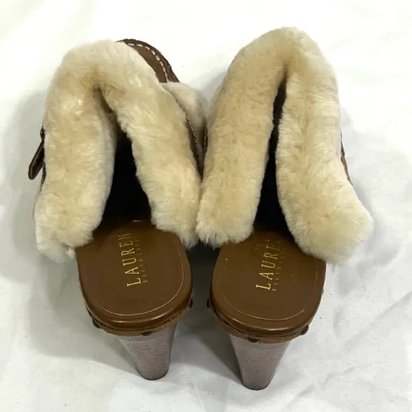 Lauren Ralph Lauren Wooden Suede Heeled Clogs Wool Shearling Y2K Size 8
