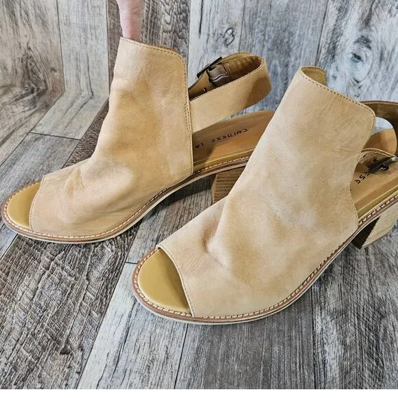 Leather Ankle Booties Suede Chinese Laundry Caleb SZ 11 Block Heel Strap Beige