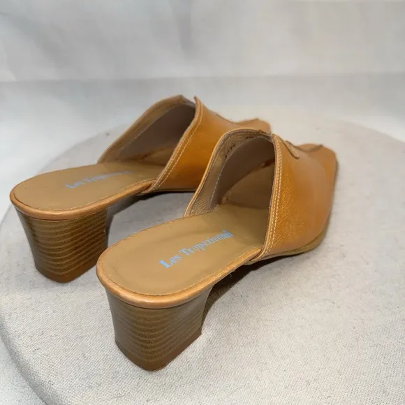 Les Tropeziennes Tan Leather Square Pointed Toe Mules FR38 US6.5 Made in France
