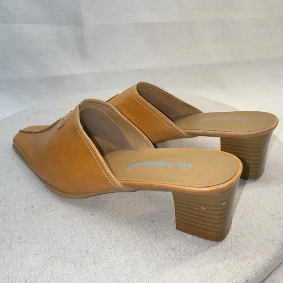 Les Tropeziennes Tan Leather Square Pointed Toe Mules FR38 US6.5 Made in France
