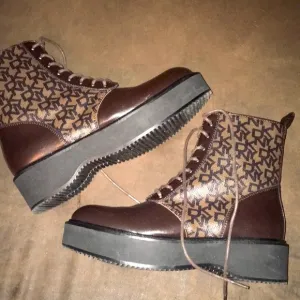 Like New!!!!!! DKNY Monogram Brown and Khaki Combats Boots Sz 7