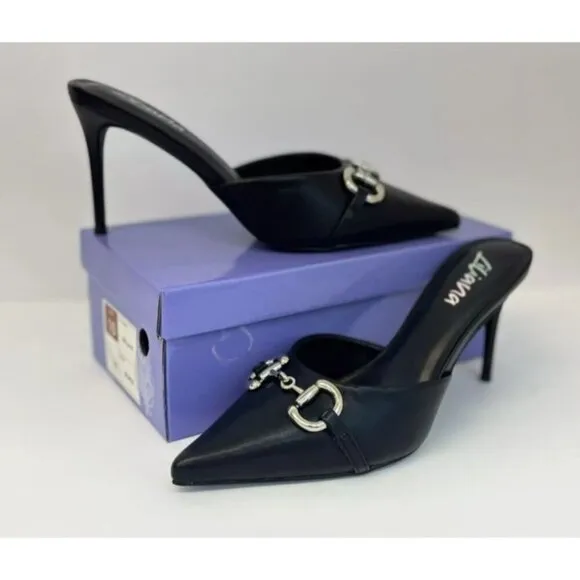 LILIANA / Silla-9/ Black / Pointed Toe / Stiletto Mule / Heels / With Silver Buc