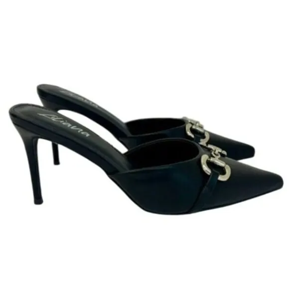 LILIANA / Silla-9/ Black / Pointed Toe / Stiletto Mule / Heels / With Silver Buc