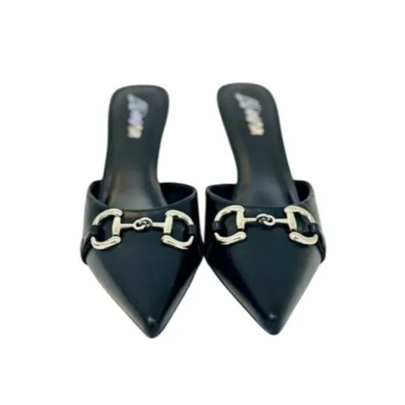 LILIANA / Silla-9/ Black / Pointed Toe / Stiletto Mule / Heels / With Silver Buc