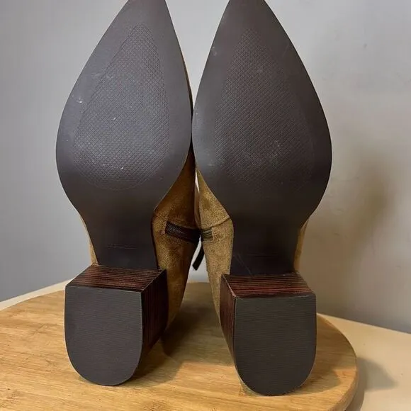 Linea Paolo Women's Sadie Suede Pointed Block Heeled Booties Tan Size 12M