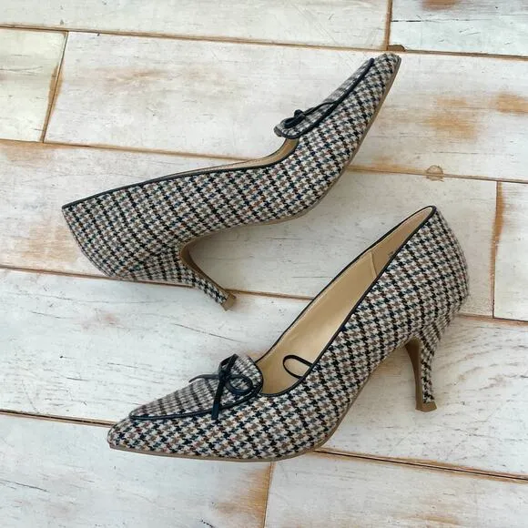 Liz Claiborne - Brown Harter Houndstooth Pointed Toe Spool Pumps Heels with Bow