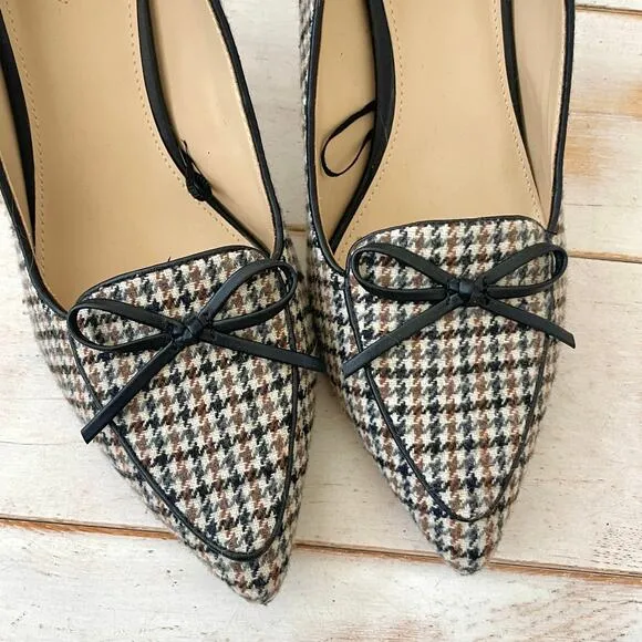 Liz Claiborne - Brown Harter Houndstooth Pointed Toe Spool Pumps Heels with Bow