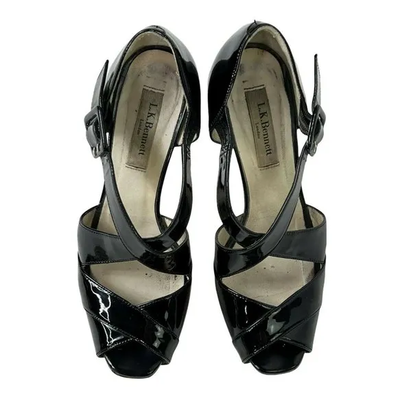 LK Bennett London Sandy Black Patent Leather Strappy Peep Toe Platform Heels 37