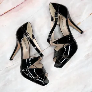 L.K. Bennett Sandy Black Patent Leather Strappy Heels 37 6