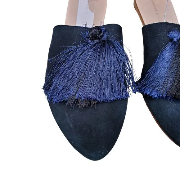 Loeffler Randal Slide Mules Black Suede Black Blue Tassel Size 9