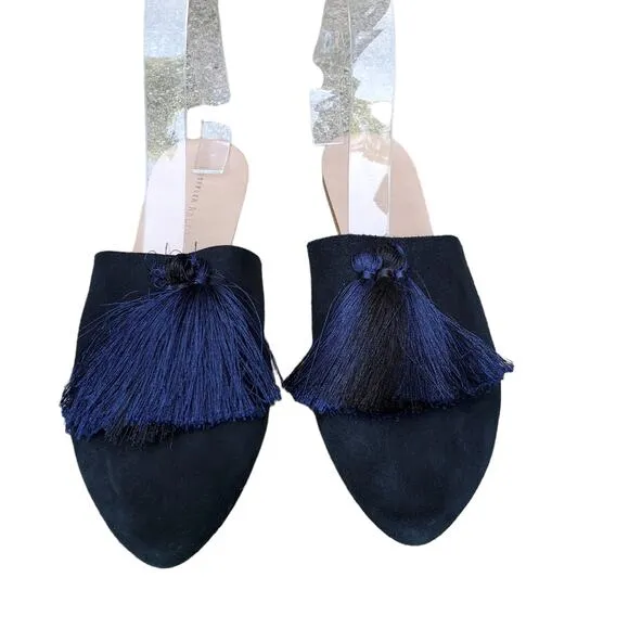 Loeffler Randal Slide Mules Black Suede Black Blue Tassel Size 9