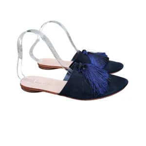 Loeffler Randal Slide Mules Black Suede Black Blue Tassel Size 9