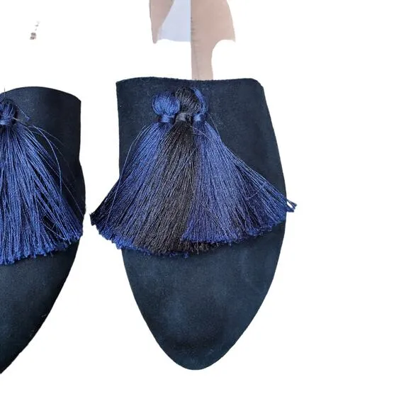 Loeffler Randal Slide Mules Black Suede Black Blue Tassel Size 9