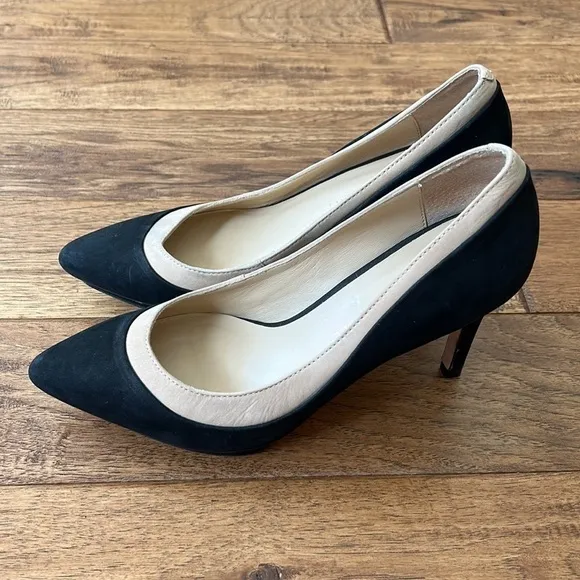 LOEFFLER Randall Aline Pointed Toe Demi Platform Heels Suede Black &amp; Beige 6.5