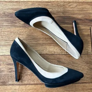 LOEFFLER Randall Aline Pointed Toe Demi Platform Heels Suede Black &amp; Beige 6.5