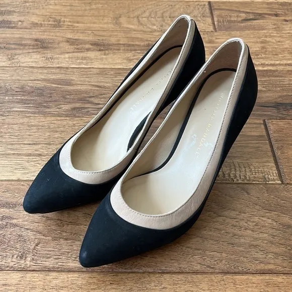 LOEFFLER Randall Aline Pointed Toe Demi Platform Heels Suede Black &amp; Beige 6.5
