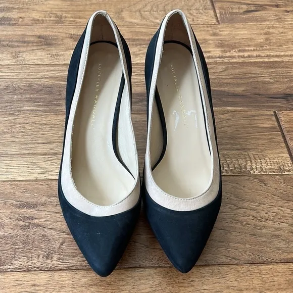 LOEFFLER Randall Aline Pointed Toe Demi Platform Heels Suede Black &amp; Beige 6.5