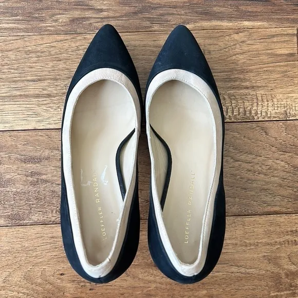 LOEFFLER Randall Aline Pointed Toe Demi Platform Heels Suede Black &amp; Beige 6.5