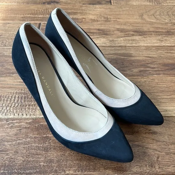 LOEFFLER Randall Aline Pointed Toe Demi Platform Heels Suede Black &amp; Beige 6.5