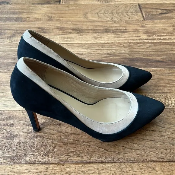LOEFFLER Randall Aline Pointed Toe Demi Platform Heels Suede Black &amp; Beige 6.5