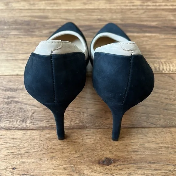 LOEFFLER Randall Aline Pointed Toe Demi Platform Heels Suede Black &amp; Beige 6.5