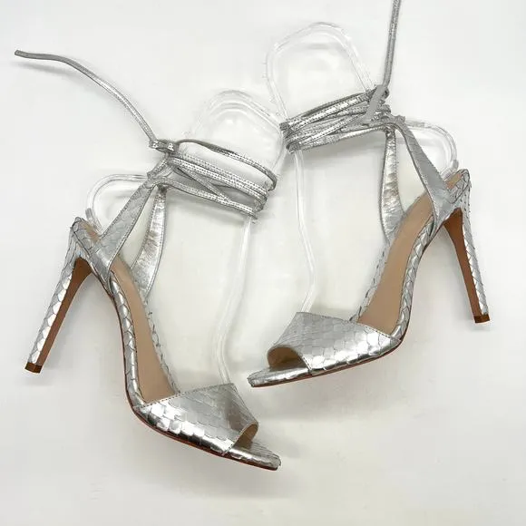 LOEFFLER RANDALL Ellie Python Embossed Heels Women 9.5 Silver Strappy Ankle Wrap