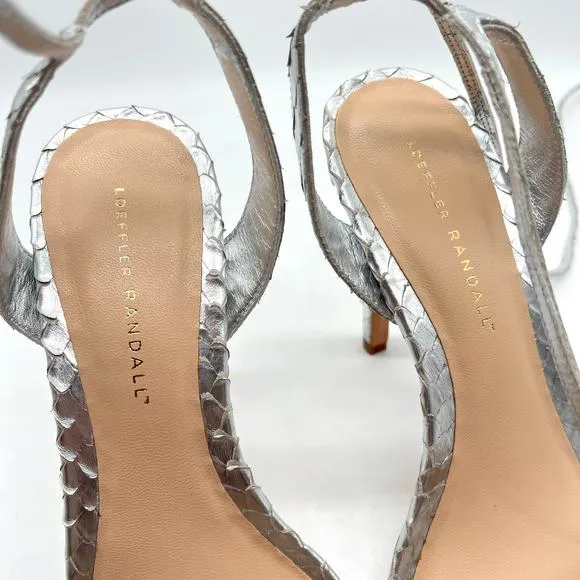 LOEFFLER RANDALL Ellie Python Embossed Heels Women 9.5 Silver Strappy Ankle Wrap