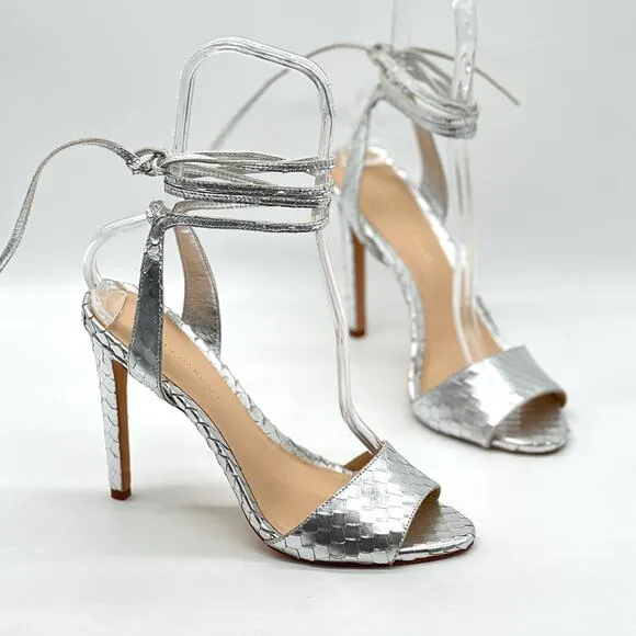 LOEFFLER RANDALL Ellie Python Embossed Heels Women 9.5 Silver Strappy Ankle Wrap