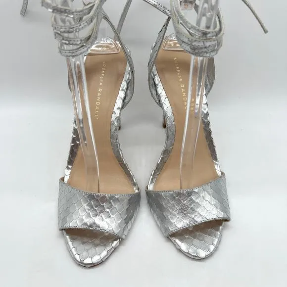 LOEFFLER RANDALL Ellie Python Embossed Heels Women 9.5 Silver Strappy Ankle Wrap
