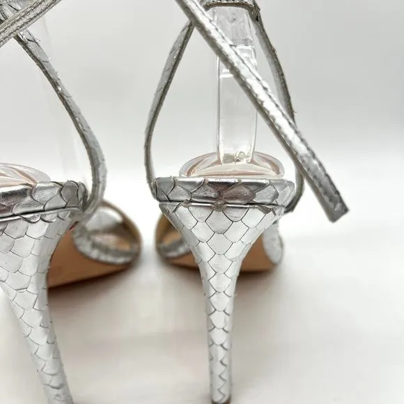 LOEFFLER RANDALL Ellie Python Embossed Heels Women 9.5 Silver Strappy Ankle Wrap