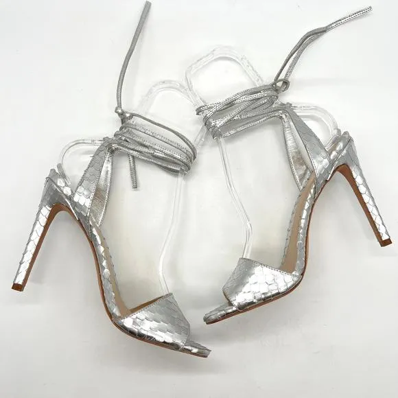 LOEFFLER RANDALL Ellie Python Embossed Heels Women 9.5 Silver Strappy Ankle Wrap