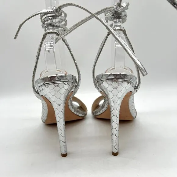 LOEFFLER RANDALL Ellie Python Embossed Heels Women 9.5 Silver Strappy Ankle Wrap
