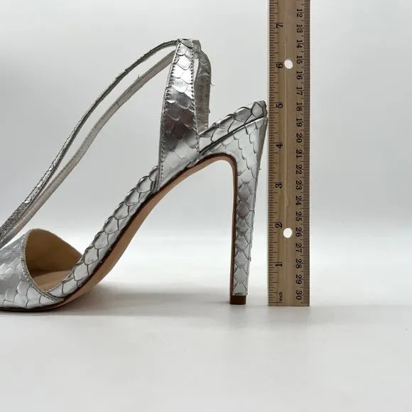 LOEFFLER RANDALL Ellie Python Embossed Heels Women 9.5 Silver Strappy Ankle Wrap