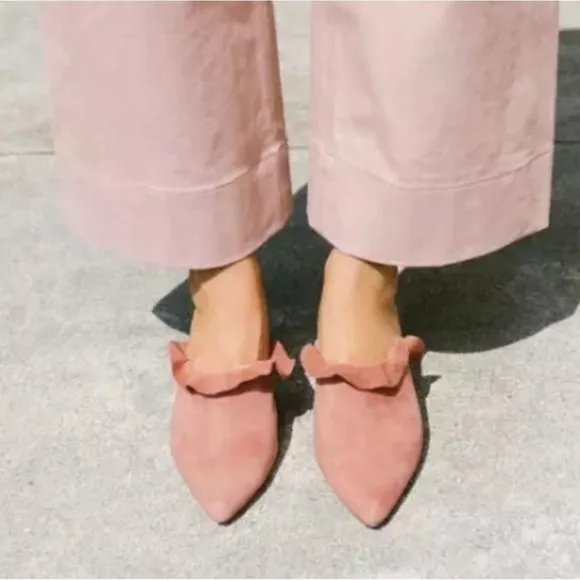 Loeffler Randall Langley Heel Suede Ruffle Mules Dusty Rose