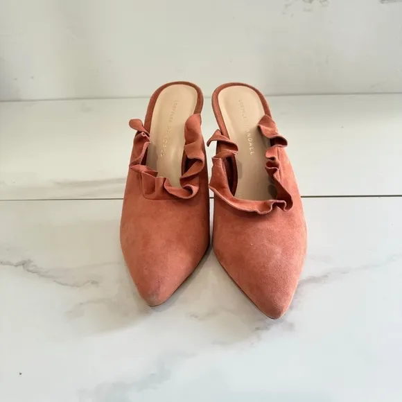 Loeffler Randall Langley Heel Suede Ruffle Mules Dusty Rose