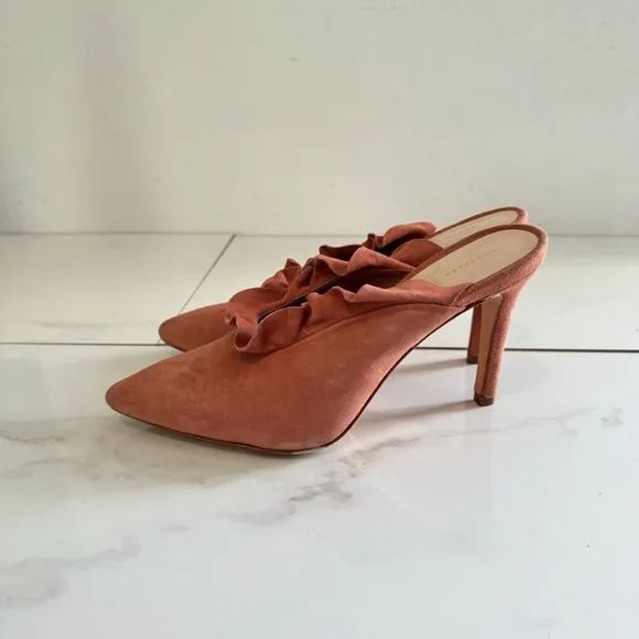 Loeffler Randall Langley Heel Suede Ruffle Mules Dusty Rose