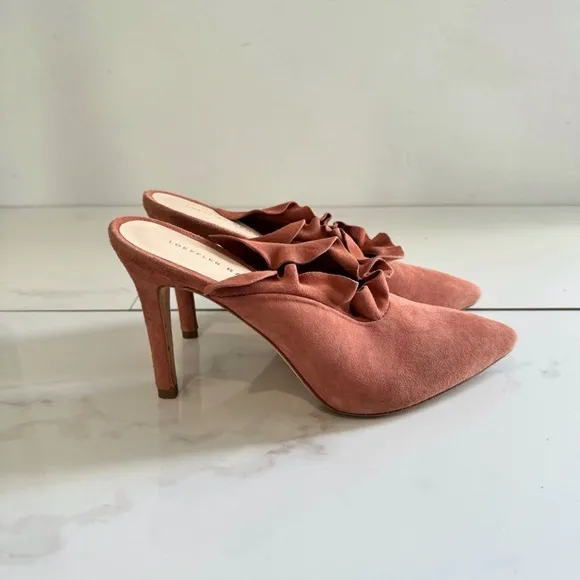 Loeffler Randall Langley Heel Suede Ruffle Mules Dusty Rose