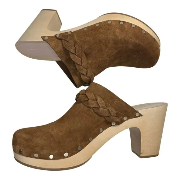 LOEFFLER RANDALL MERRIL CACAO HEELED BRAIDED CLOGS SLIDE SUEDE. Sz: 10.5