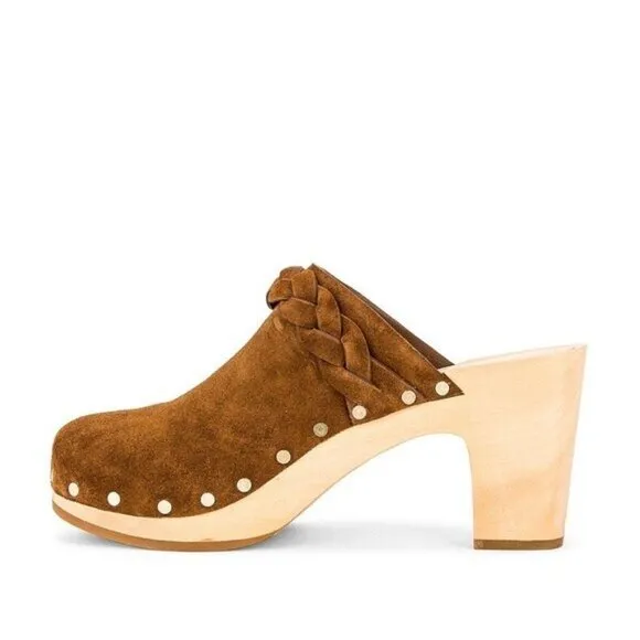 LOEFFLER RANDALL MERRIL CACAO HEELED BRAIDED CLOGS SLIDE SUEDE. Sz: 10.5