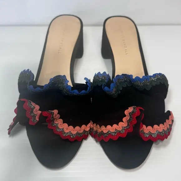 Loeffler Randall Vera Black Suede Ruffle Heeled Mules Size 10